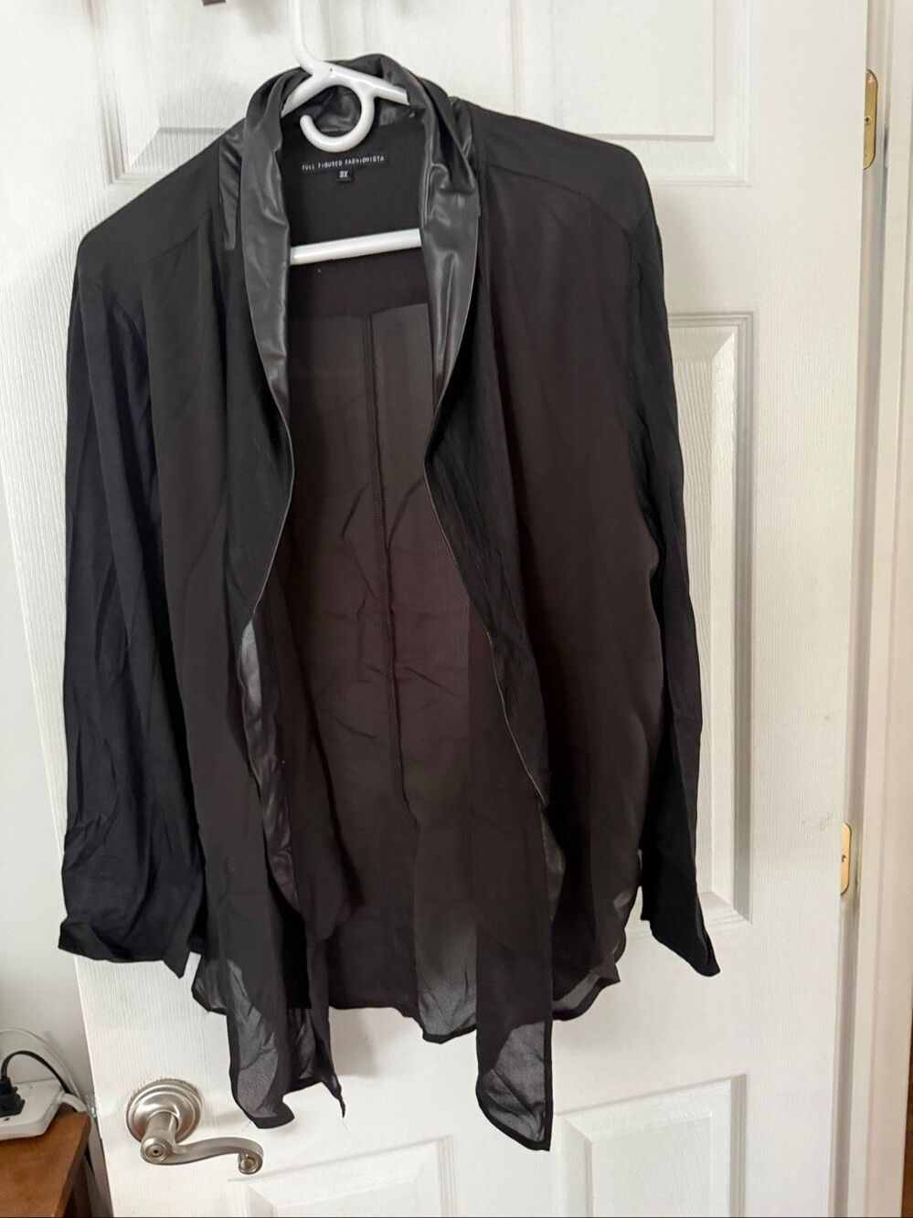 Full Figured Fashionista Sheer Waterfall Cardigan with Faux Leather Trim